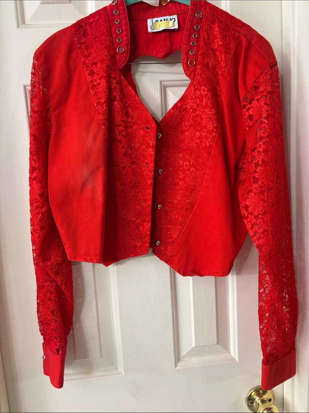 Red Lace-Panel Button-Front Women's Shirt